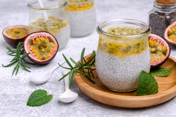 Dairy dessert with chia seeds and passion fruit
