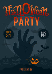 Halloween Party invitations with scary lettering and zombie hand  on spooky landscape at night. Vector illustration.