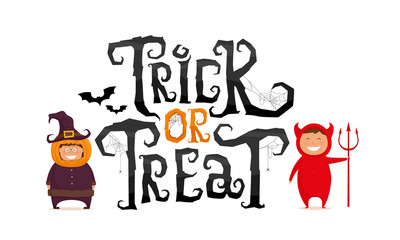 Trick or Treat text with kids in Halloween costume. Vector illustration.