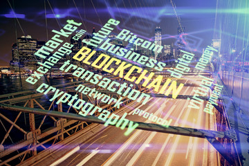 Multi exposure of cryptocurrency theme hologram drawing and city veiw background. Concept of...
