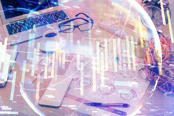 Double exposure of business theme icons and work space with computer background. Concept of success.