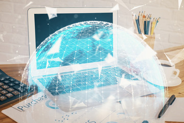 Double exposure of business theme icons and work space with computer background. Concept of success.
