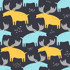 Hand drawn seamless background with mooses. Pattern with cute design. Scandinavian style design. Vector illustration