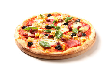Pizza with sausage, meat, cheese, basil and olives isolated on white background