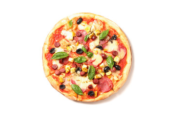 Pizza with sausage, meat, cheese, basil and olives isolated on white background