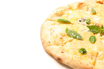 Cheese pizza with basil isolated on white background, close up