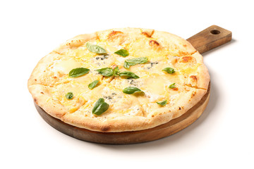 Cutting board with cheese pizza isolated on white background