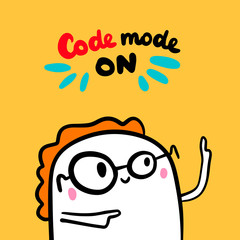 Code mode on hand drawn vector illustration in cartoon style