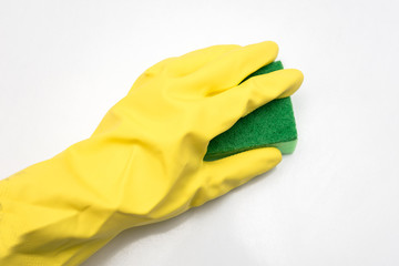 Hand close up, human in protective gloves cleaning, white background, copy space, close up, concept cleaning