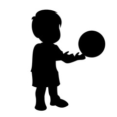 Little boy throws the ball out of his hands. Black vector graphic illustration  isolated on white background. 