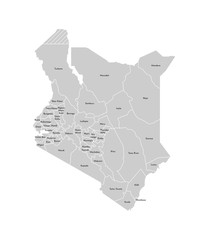 Vector isolated illustration of simplified administrative map of Kenya. Borders and names of the counties (regions). Grey silhouettes. White outline