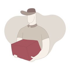 Delivery man holding box isolated in brown white background. illustration. Rasterized Copy