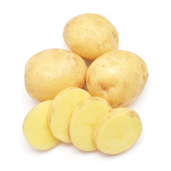 Young potato and slice isolated on white background. Harvest new. Flat lay, top view