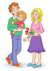 Friendly family. Mom and dad with a little daughter in his arms. In cartoon style. Isolated on white background.