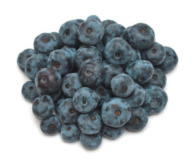 Blueberries fruit isolated on white background. Flat lay, top view