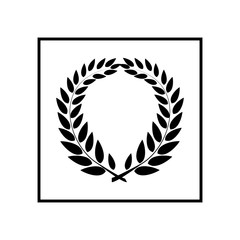 Laurel wreath in square. Modern symbol of victory and award achievement champion. Leaf ceremony awarding of winner tournament. Monochrome template for badge, tag. Design element. Vector illustration.