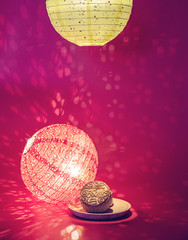 Chinese Mid-Autumn Festival gourmet moon cakes and hollow flower cage lights