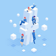 Isometric social network hashtag or hashtag blogging, Concept of hashtag for social media marketing advertising concept. Young people using mobile tablets and smartphones for sending posts and sharing