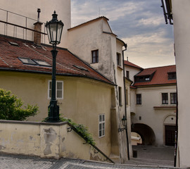 Old Prague street stock images. Ancient architecture in Prague. Prague old town. Old house in Prague. Ancient street in Czech Republic. Mysterious prague stock images