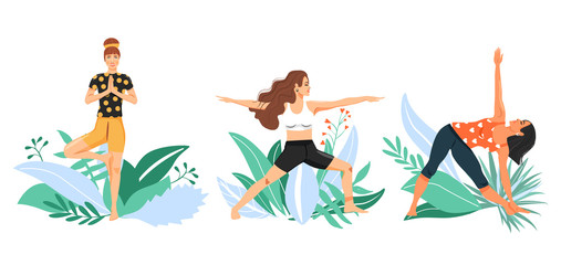 Young women practicing yoga. Set of cute girls doing various yoga posture. Composition with girls and leafs. Cartoon vector illustration on white background.