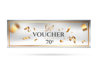 Gift voucher vector design. White golden template with flying gold confetti. Elegant festive decoration, long panoramic gift card or wide web banner layout