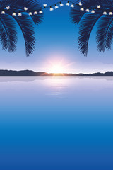 summer holiday design sea at sunset with fairy light and palm trees vector illustration EPS10