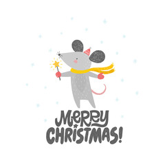 Fototapeta premium Merry Christmas card with cute rat, mouse. Happy New Year greeting card with handwrtitten lettering. Funny nursery illustration, childish design. Cartoon animal with scarf, hat and snowflakes.