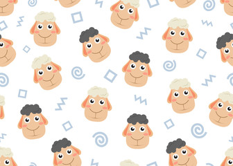 Seamless pattern of cute face cartoon black and white sheep with doodle shape background