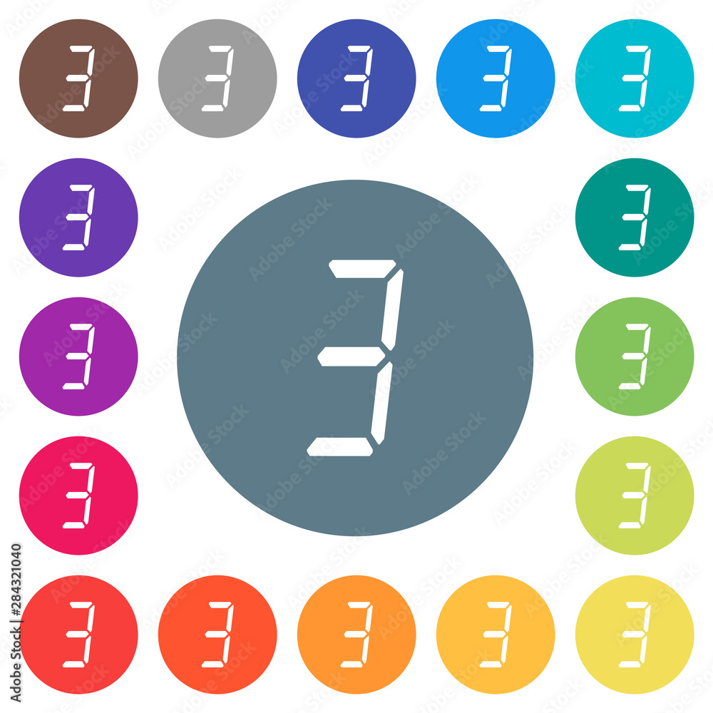 Aufkleber digital number three of seven segment type flat white icons on round color backgrounds