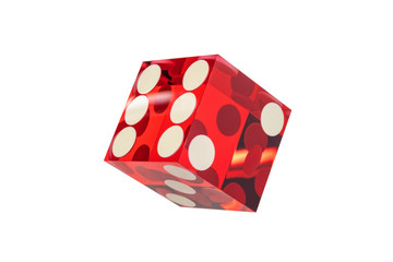 One dice red glass with sharp edges and a light flare, isolated on a white background. Sides six, three, two without a shadow.