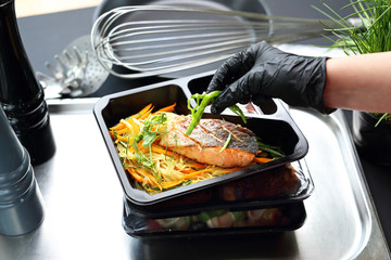 Catering. Appetizing lunch boxes. Food delivered to your doorstep