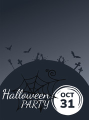  Halloween party poster. Zombie hands and cobweb at dusk.
