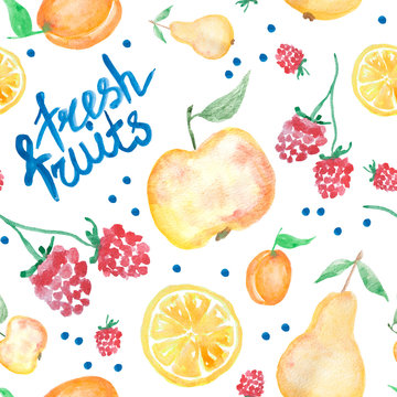 Fresh fruits watercolor painting - hand drawn seamless pattern with lettering on white background