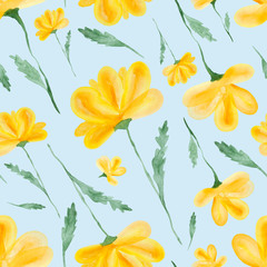 Yellow flowers watercolor painting - hand drawn seamless pattern with blossom on blue