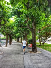 A man runs along the alley on the waterfront of the city of Lugano.