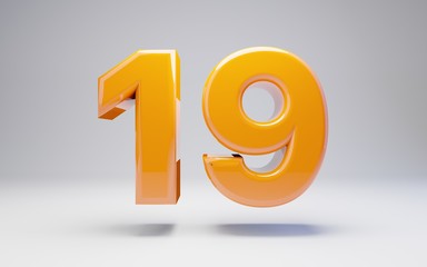 Number 19. 3D orange glossy number isolated on white background.