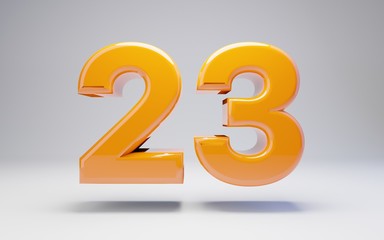 Number 23. 3D orange glossy number isolated on white background.