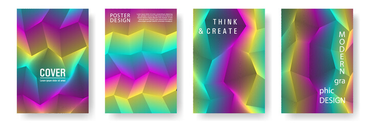 Broken lines gradient report cover templates vector set. Rainbow geometric texture cover pages