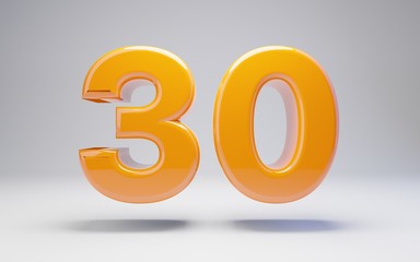 Number 30. 3D orange glossy number isolated on white background.