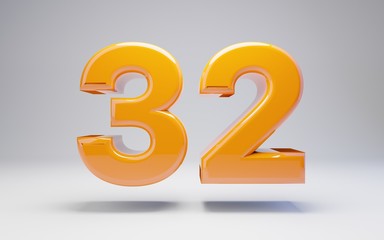Number 32. 3D orange glossy number isolated on white background.