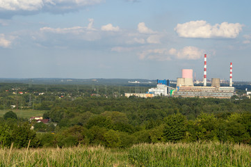 Fototapeta na wymiar Panoramic view of Silesia region with the Lagisza Power Station