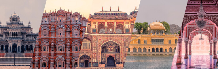 Jaipur in Rajasthan famous landmarks collage. 