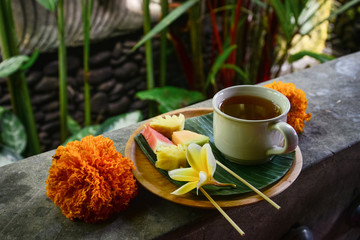 Fruit snack and cup of refreshment drink