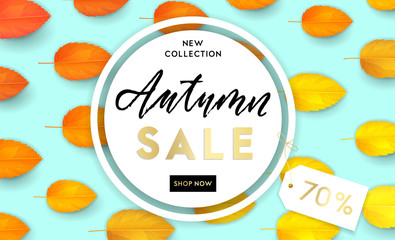 Autumn sale flyer template with lettering. Bright fall leaves. Poster, card, label, banner design. Bright geometrical background. Vector illustration EPS10