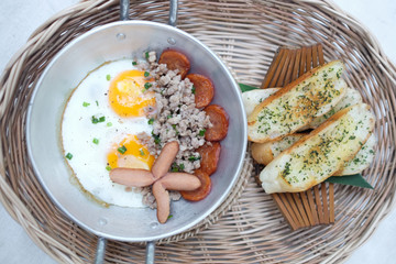 Morning breakfast food for eating with omelet ad bread  