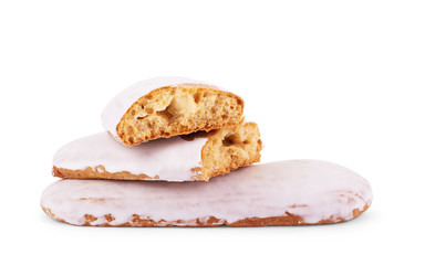 Gingerbread cookie in shape of label isolated on white background. Top view