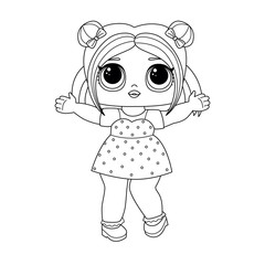 Cute big-eyed little doll with funny hair buns and in a dress spreading hands. Linear vector illustration isolated on white background. Coloring pages for younger students and preschoolers.