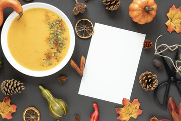 Top view autumn arrangement with pumpkin soup