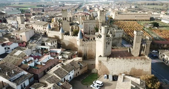 Aerial view of impressive medieval Royal Palace of Olite in autumn day, Navarre, Spain