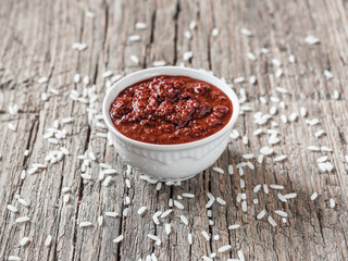 Gochujang. Traditional Korean soybean paste with sticky rice and fermented soybeans, dressed with red pepper in high concentration